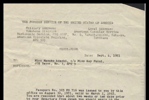 Memo from the Foreign Service of the United States of America to Masako Adachi, September 4, 1951 (ddr-csujad-55-2309)