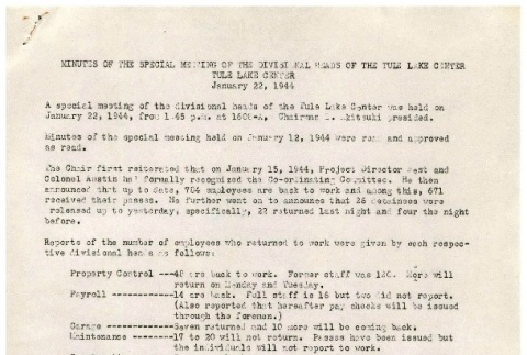 [Minutes of the special meeting of the divisional heads of the Tule Lake Center, January 22, 1944] (ddr-csujad-2-16)