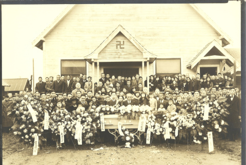 Funeral attendees in front of the Yakima Buddhist Church (ddr-densho-293-26)