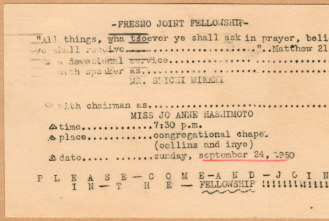 Fresno Joint Fellowship invitation to ice skating party, and meeting (ddr-densho-341-172)