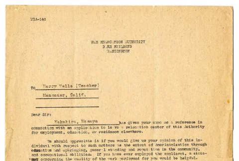 Letter from Dillon S. Myer, Director, War Relocation Authority, to Harry Bentley Wells (ddr-csujad-48-75)