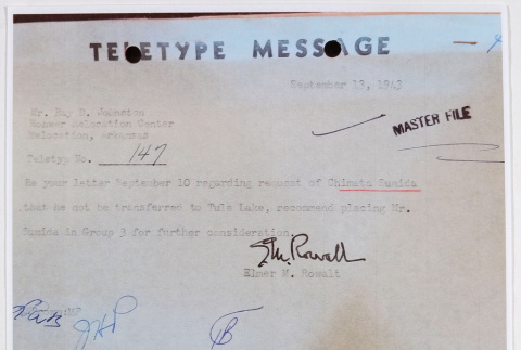 Teletype message from Elmer M. Rowalt to Ray D. Johnston (ddr-densho-379-744)