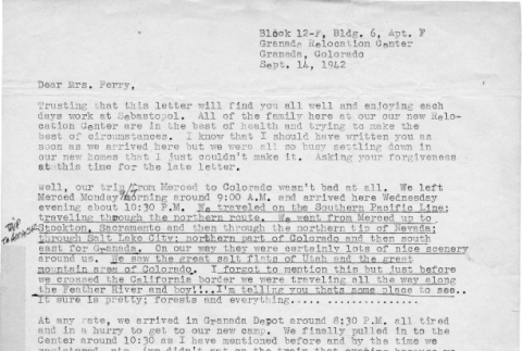 Letter from Kazuo Ito to Lea Perry, September 14, 1942 (ddr-csujad-56-17)