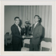 Roy Nishikawa and Todd Endo with first place trophy (ddr-densho-379-438)