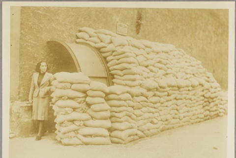 A woman standing next to a bomb shelter [?] (ddr-njpa-13-1098)
