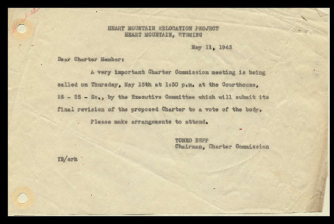 Announcement from Yoneo Bepp, Chairman, Charter Commission to Charter Members, May 11, 1943 (ddr-csujad-55-773)