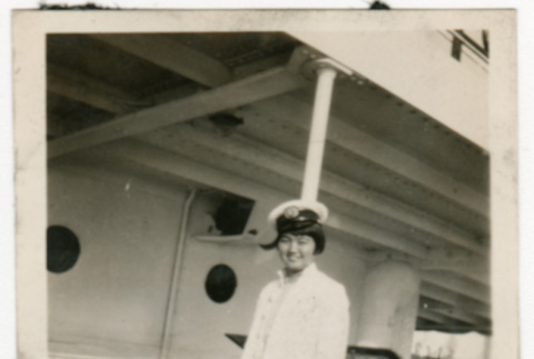 Gloria Kusano Kubota wearing sailor's hat on ship (ddr-densho-122-630)