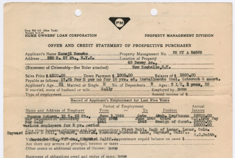 Offer and credit statement for purchase of property in New Rochelle, New York (ddr-densho-329-1024)