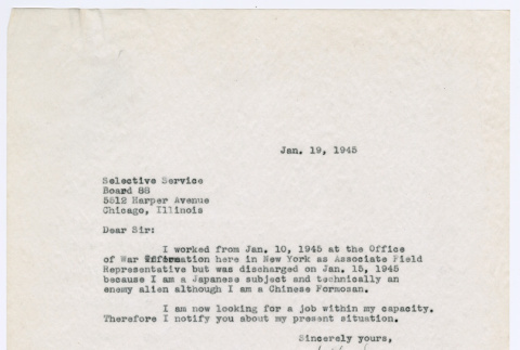 Letter from Ai Chih Tsai to Selective Service Board 88 (ddr-densho-446-152)