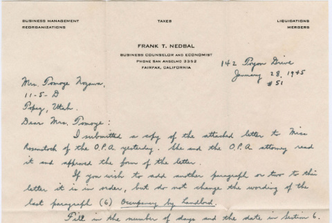 Letter from Frank Nedbal to Tomoye Takahashi with copy of notice of vacating premises sent to Samuel and Miriam Faber. (ddr-densho-410-576)