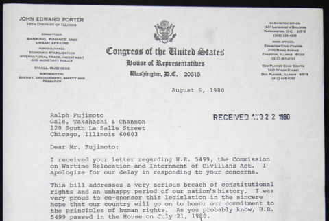 Letter to Ralph Fujimoto from John Porter (ddr-chijacl-1-322)