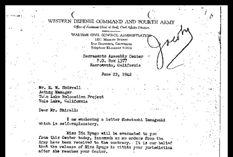 Letter from Gene Kenyon, Manager Sacramento Assembly Center, to Mr. E. M. Shirrell, Acting Manager, Tule Lake Relocation Project, June 23, 1942 (ddr-csujad-55-2240)
