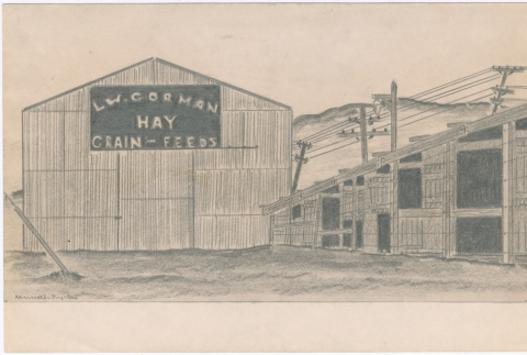 Sketch of the L.W. Gorman Hay Grain-Feeds barn at Tanforan Assembly Center (ddr-densho-392-59)