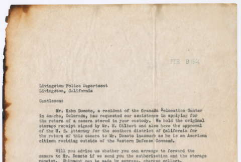 Letter to Livingston Police Department (ddr-densho-329-1000)