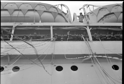 View of ship from dock, with streamers (ddr-densho-426-1681)