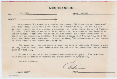 Memo from Akiji Yoshimura to Loni Ding (ddr-densho-1007-979)