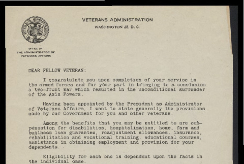 Letter from Omar N. Bradley, General, U.S. Army, to Fellow Veteran, 1945 (ddr-csujad-55-154)