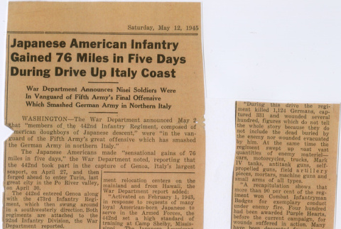 Article titled:  Japanese American Infantry Gained 76 Miles in Five Days During Drive Up Italy Coast (ddr-densho-539-113)