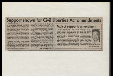 [Newspaper clipping titled:] Support shown for Civil Liberties Act amendments (ddr-csujad-55-2076)