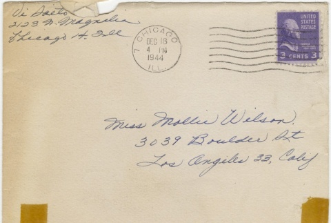 Christmas card (with envelope) to Mollie Wilson from Violet Saito (December 18, 1944) (ddr-janm-1-78)