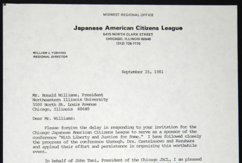 Letter to Ronald Williams from William Yoshino (ddr-chijacl-1-564)