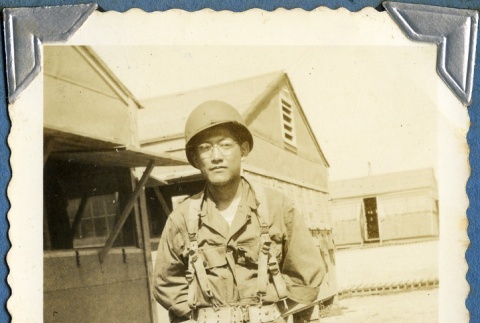 Soldier outside barracks (ddr-densho-22-331)