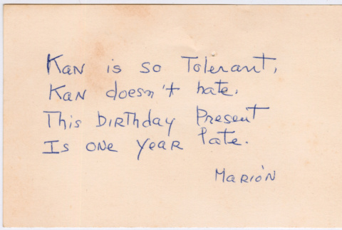 Humorous birthday message from Marion to Kaneji Domoto (ddr-densho-329-1145)