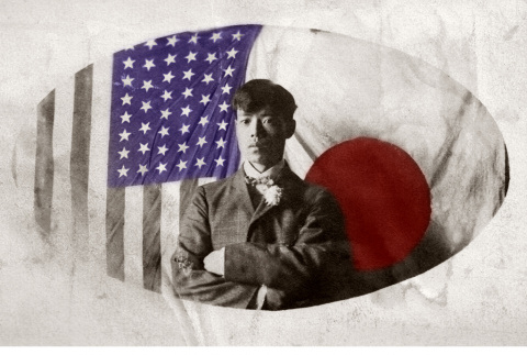 Mataichi Ozeki with U.S. and Japanese flags (ddr-ajah-6-709)
