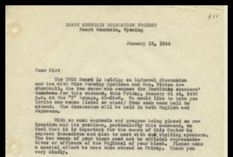 Letter from the YWCA Board of Directors, Mrs. Don Tonuimi, Chairman, Heart Mountain Relocation Project, January 19, 1944 (ddr-csujad-55-718)
