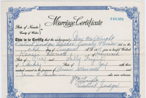 Marriage Certificate for Kaneji Domoto and Sally Fujii (ddr-densho-329-1248)