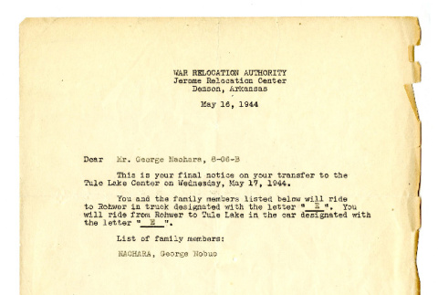Letter from W.O. Melton, Assistant Project Director, Jerome Relocation Center, War Relocation Authority, to George Naohara, May 16, 1944 (ddr-csujad-38-565)