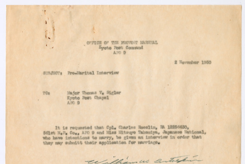 Request for Charles Roeslin and Mitsuye Takemiya pre-marital interview (ddr-densho-550-52)