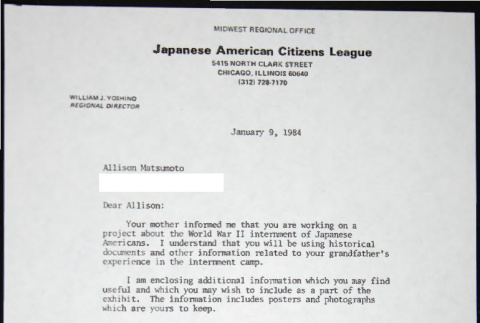 Letter to Allison Matsumoto from Bill Yoshino (ddr-chijacl-1-732)