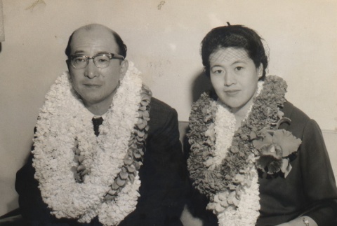 Zentaro Kosaka and his wife wearing leis (ddr-njpa-4-500)