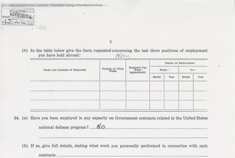 U.S. Department of Justice Alien Enemy Questionnaire page 7 of 26. (ddr-one-5-127)