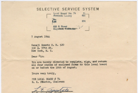 Selective Service Letter sent to Kaneji Domoto (ddr-densho-329-1025)