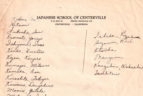 List of names on Japanese School of Centerville letterhead (ddr-ajah-7-15)
