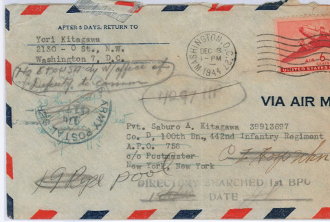 Envelope addressed to Saburo Kitagawa from Yoriko Kitagawa (ddr-densho-539-85)