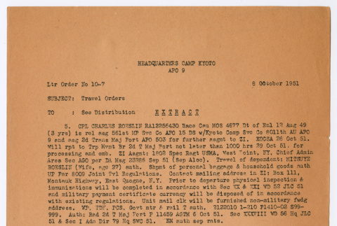 Travel orders for Charles Roeslin Jr. to report to West Point (ddr-densho-550-63)