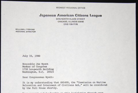 Letter to Joe Wyatt from William Yoshino (ddr-chijacl-1-320)