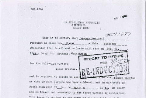 War Relocation Authority Citizen's Short-term request form for Masayo Horiuchi (ddr-densho-560-17)