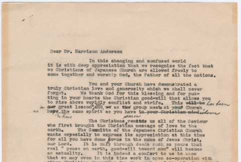 Draft letter from Japanese Christian Church to Harrison Anderson (ddr-densho-446-36)
