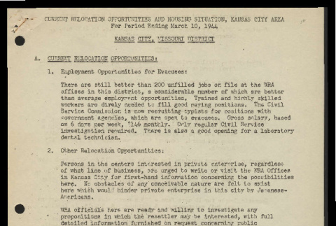 Current relocation opportunities; Current housing situation, Kansas City area for eeriod ending March 10, 1944, Kansas City, Missouri District (ddr-csujad-55-828)