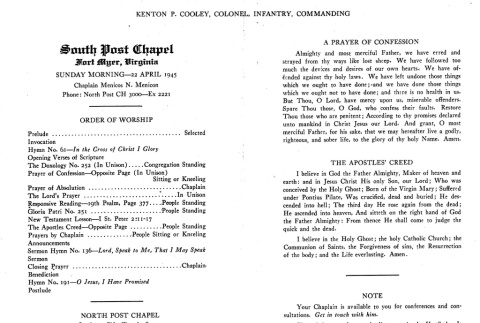 Sunday service program at South Post Chapel, Fort Myer, Virginia (ddr-densho-563-33)