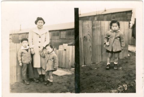 Split image. Family in front of fence outside barracks, child in front of fence (ddr-densho-430-181)