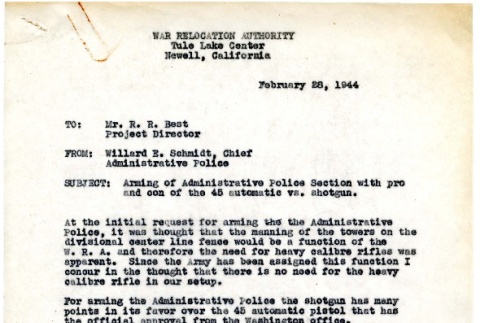 Memo from Willard E. Schmidt, Chief, Administrative Police, to R. R. [Raymond R.] Best, Project Director, February 28, 1944 (ddr-csujad-2-95)