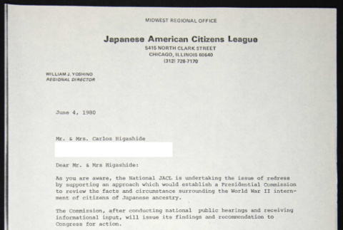 Letter to Mr. and Mrs. Carlos Higashide from William Yoshino (ddr-chijacl-1-481)