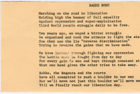 Lyrics from a song about the protest against the Bakke Decision (ddr-densho-444-43)