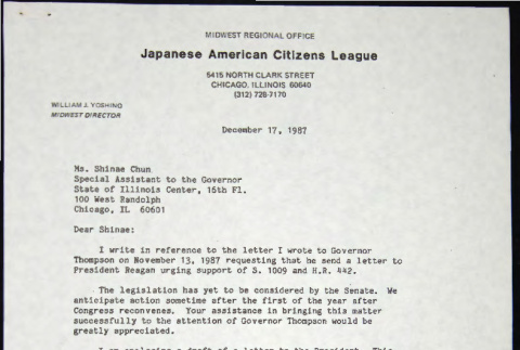 Letter to Shinae Chun from Bill Yoshino with draft letter to President Reagan (ddr-chijacl-1-657)