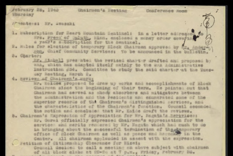 Minutes from the Heart Mountain Block Chairmen meeting, February 25, 1943 (ddr-csujad-55-429)